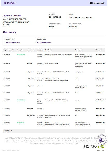 Royaume Uni Relevé bancaire Kuda 3 – 6 mois Exemple Word et PDF